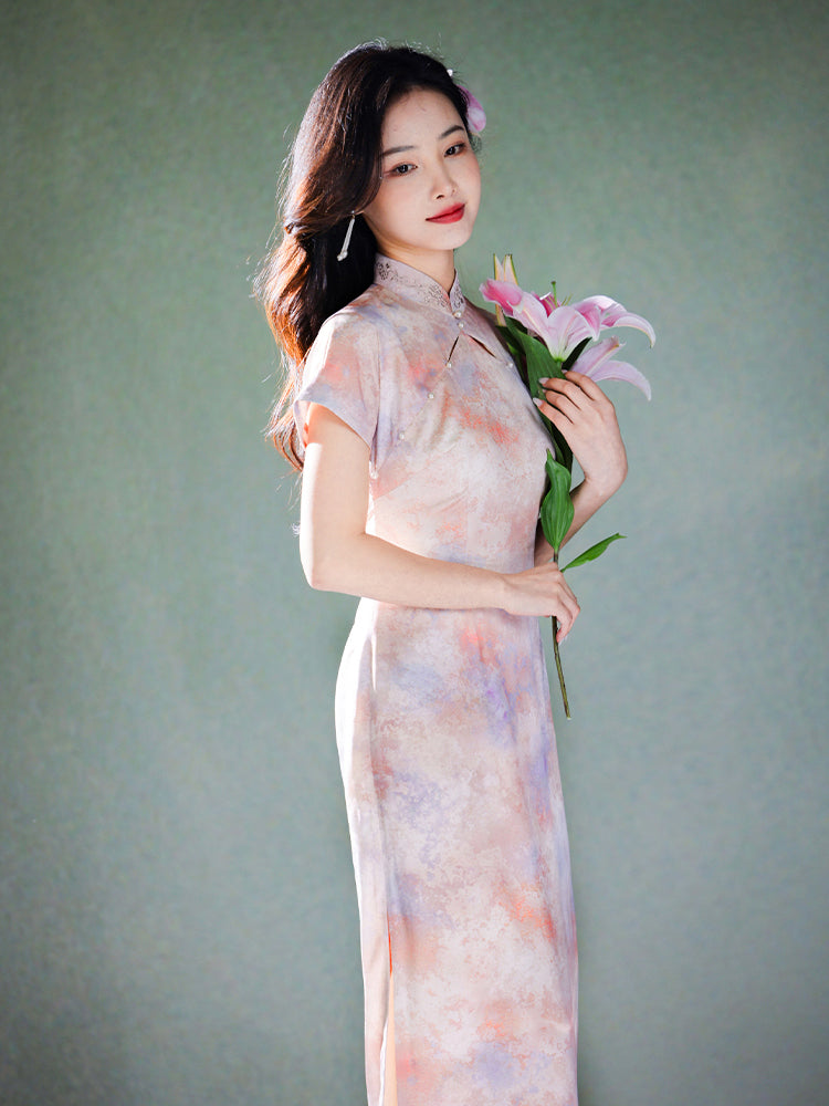 Pink Water Nymph Jinling Satin Embroidery | Modern one-Pieces Qipao Dress(浅椿)