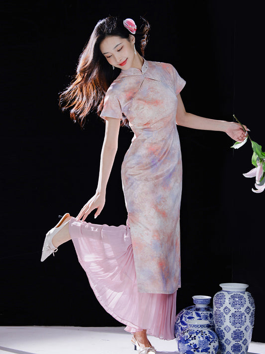 Pink Water Nymph Jinling Satin Embroidery | Modern one-Pieces Qipao Dress(浅椿)