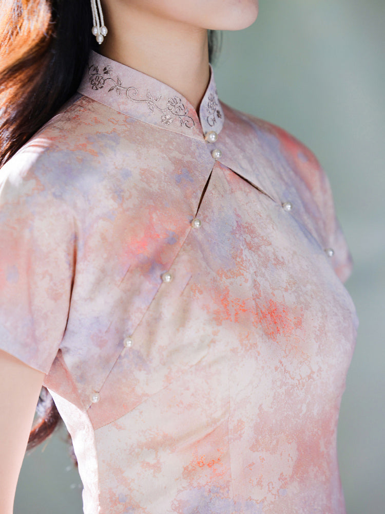 Pink Water Nymph Jinling Satin Embroidery | Modern one-Pieces Qipao Dress(浅椿)