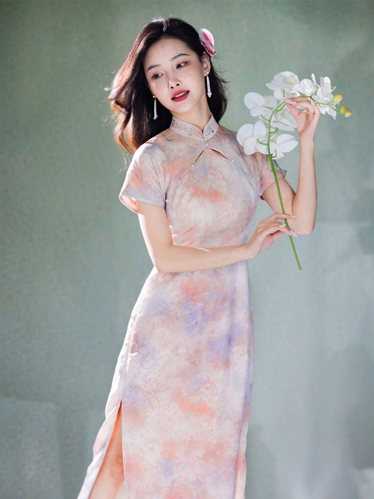Pink Water Nymph Jinling Satin Embroidery | Modern one-Pieces Qipao Dress(浅椿)