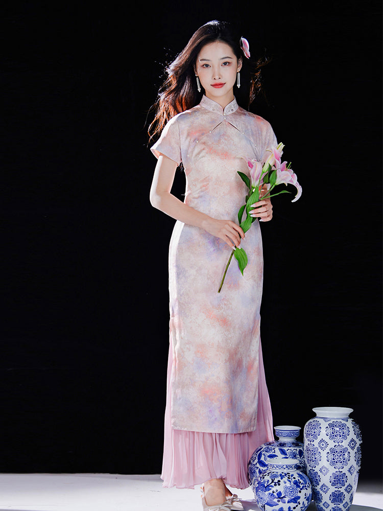 Pink Water Nymph Jinling Satin Embroidery | Modern one-Pieces Qipao Dress(浅椿)