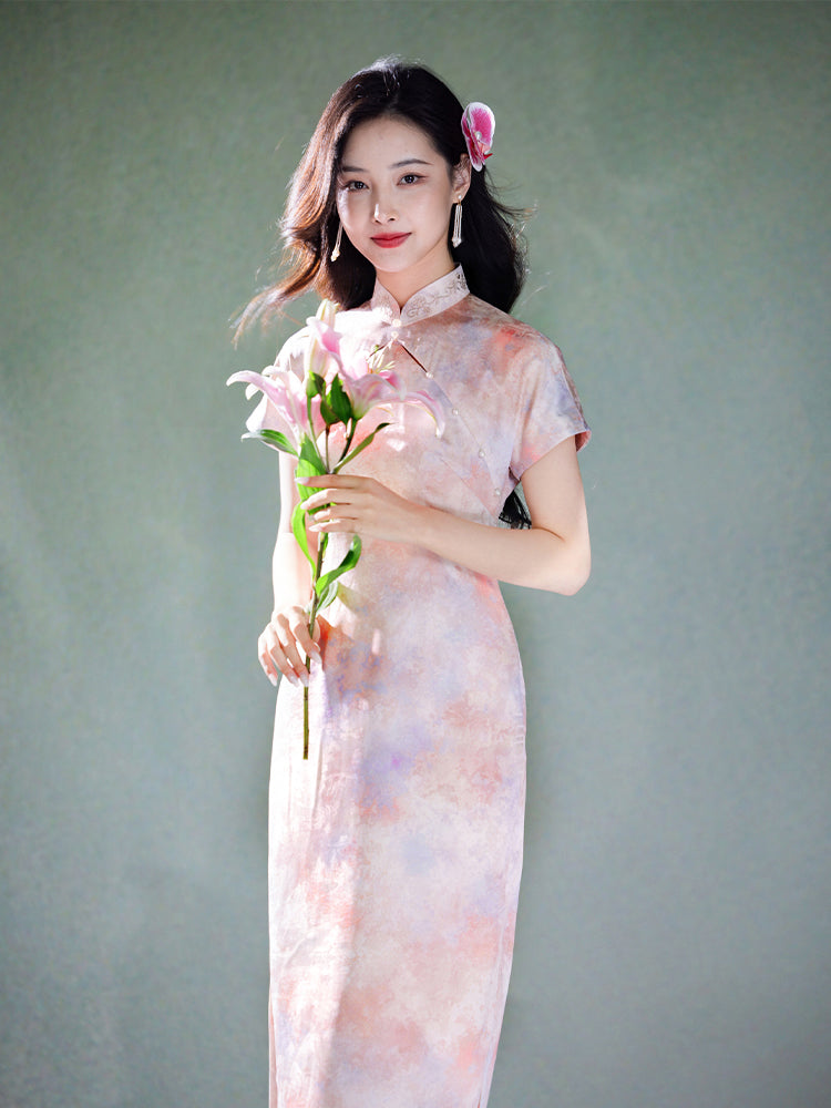 Pink Water Nymph Jinling Satin Embroidery | Modern one-Pieces Qipao Dress(浅椿)