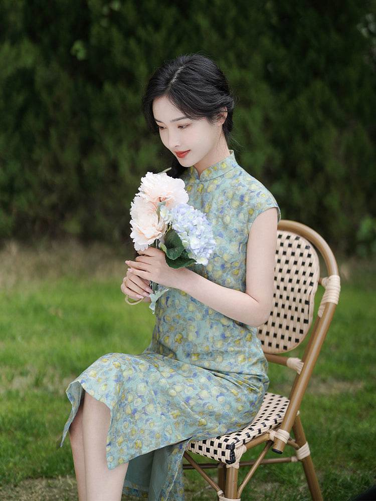 Soft green painterly print| Modern one-Pieces Qipao Dress(婺曼) - E·Beauty