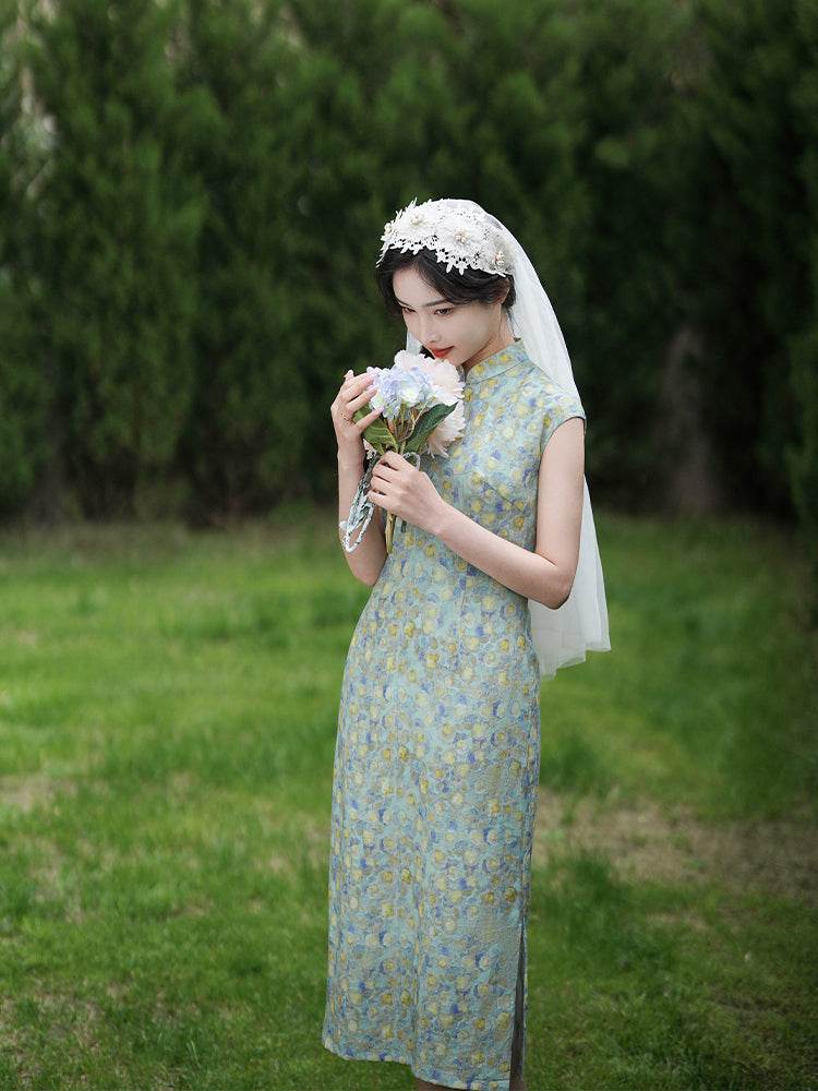 Soft green painterly print| Modern one-Pieces Qipao Dress(婺曼) - E·Beauty