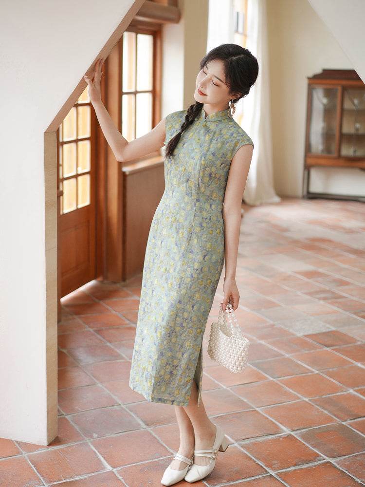 Soft green painterly print| Modern one-Pieces Qipao Dress(婺曼) - E·Beauty