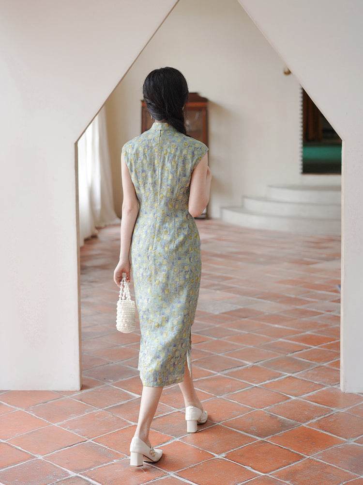 Soft green painterly print| Modern one-Pieces Qipao Dress(婺曼) - E·Beauty