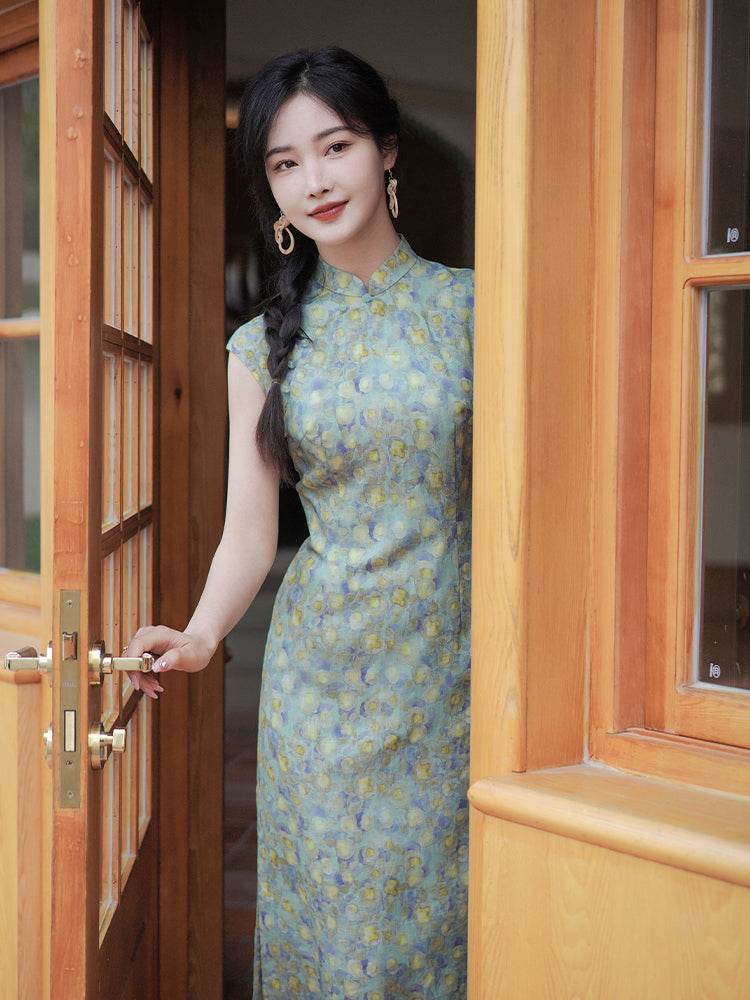 Soft green painterly print| Modern one-Pieces Qipao Dress(婺曼) - E·Beauty