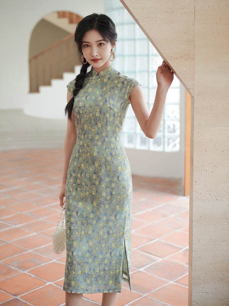 Soft green painterly print| Modern one-Pieces Qipao Dress(婺曼) - E·Beauty