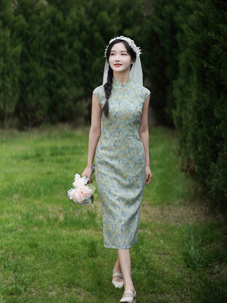 Soft green painterly print| Modern one-Pieces Qipao Dress(婺曼) - E·Beauty