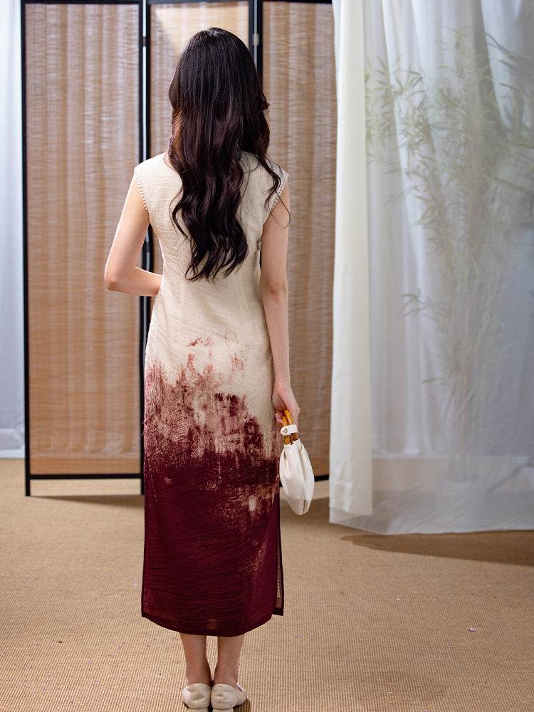 Oxblood red Mapped Ombré Dyeing | Modern one-Pieces Qipao Dress(桃浅) - E·Beauty