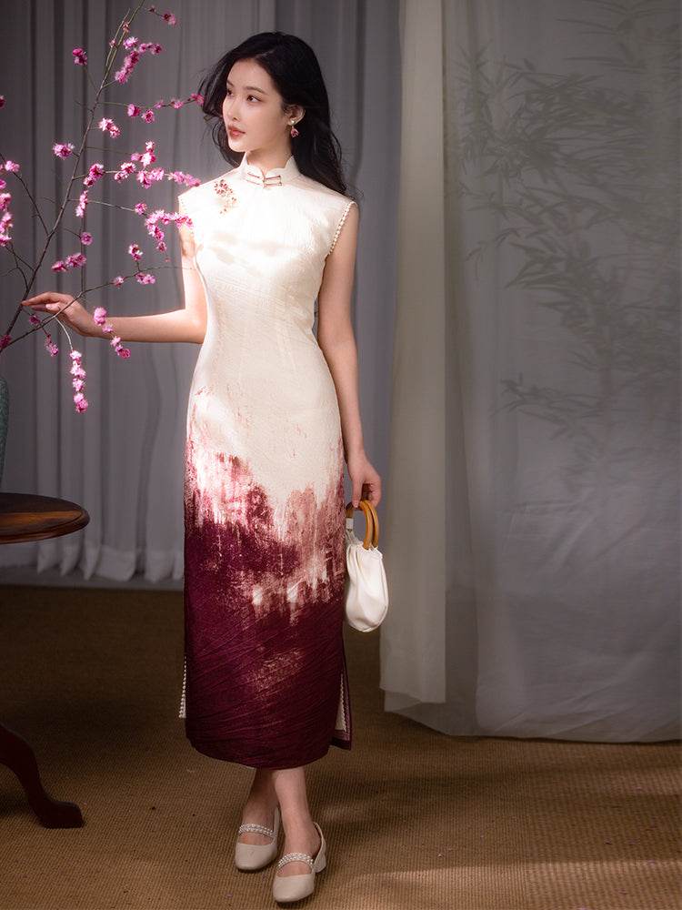 Oxblood red Mapped Ombré Dyeing | Modern one-Pieces Qipao Dress(桃浅) - E·Beauty