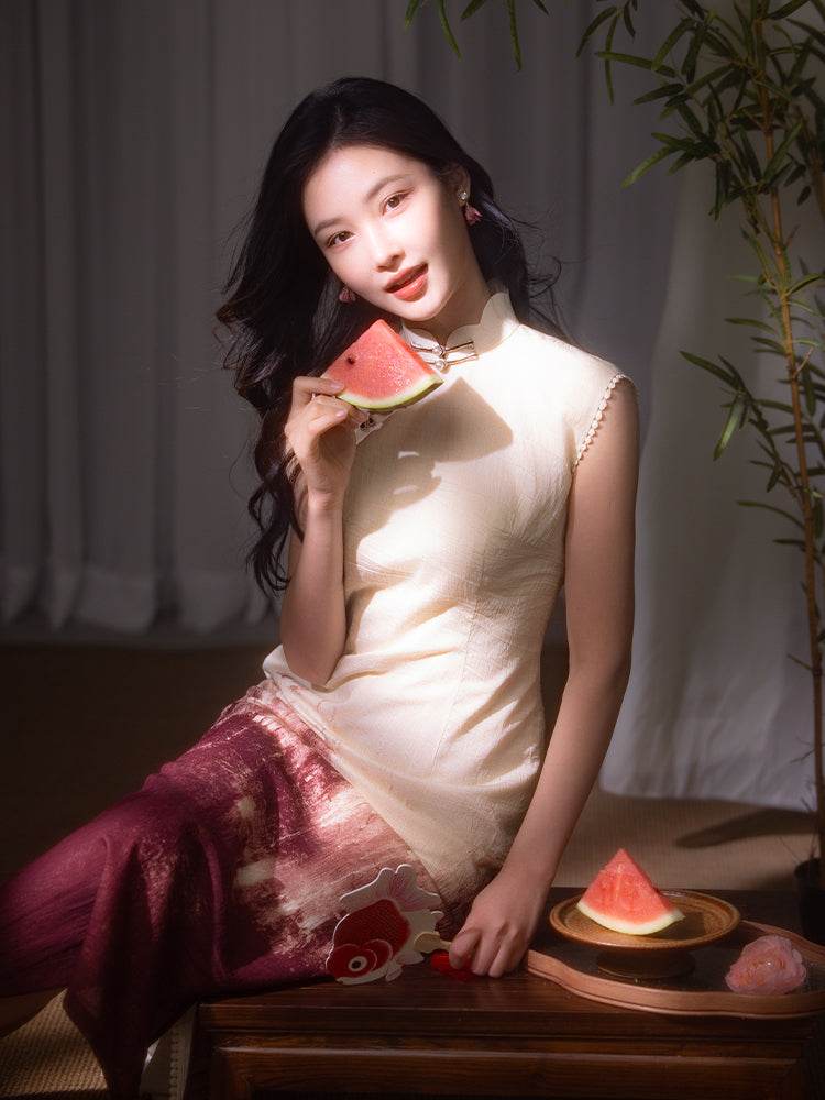 Oxblood red Mapped Ombré Dyeing | Modern one-Pieces Qipao Dress(桃浅) - E·Beauty