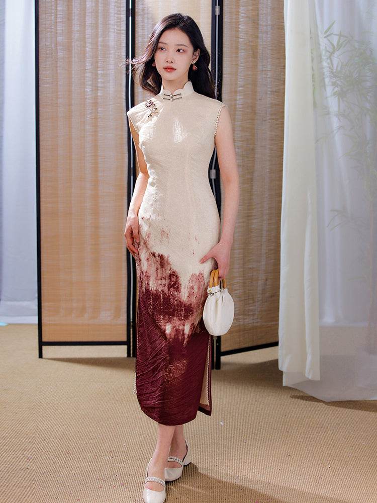 Oxblood red Mapped Ombré Dyeing | Modern one-Pieces Qipao Dress(桃浅) - E·Beauty