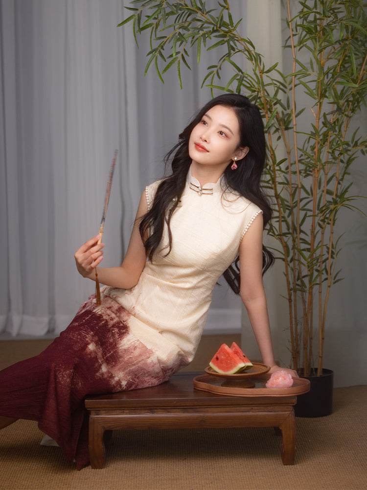 Oxblood red Mapped Ombré Dyeing | Modern one-Pieces Qipao Dress(桃浅) - E·Beauty