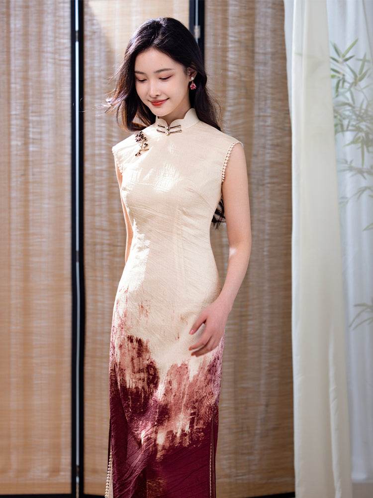 Oxblood red Mapped Ombré Dyeing | Modern one-Pieces Qipao Dress(桃浅) - E·Beauty