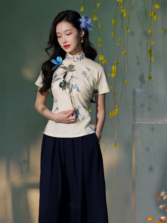 Apricot White Delicate Linen Two-Piece Set | Short Qipao Top(温言)