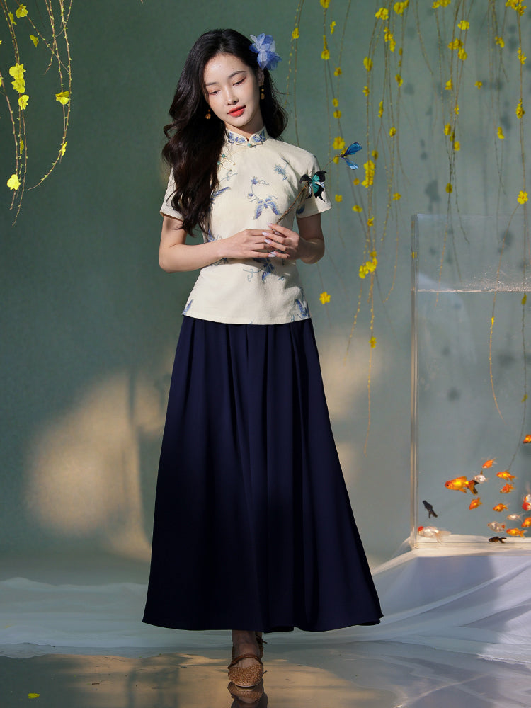 Apricot White Delicate Linen Two-Piece Set | Short Qipao Top(温言)