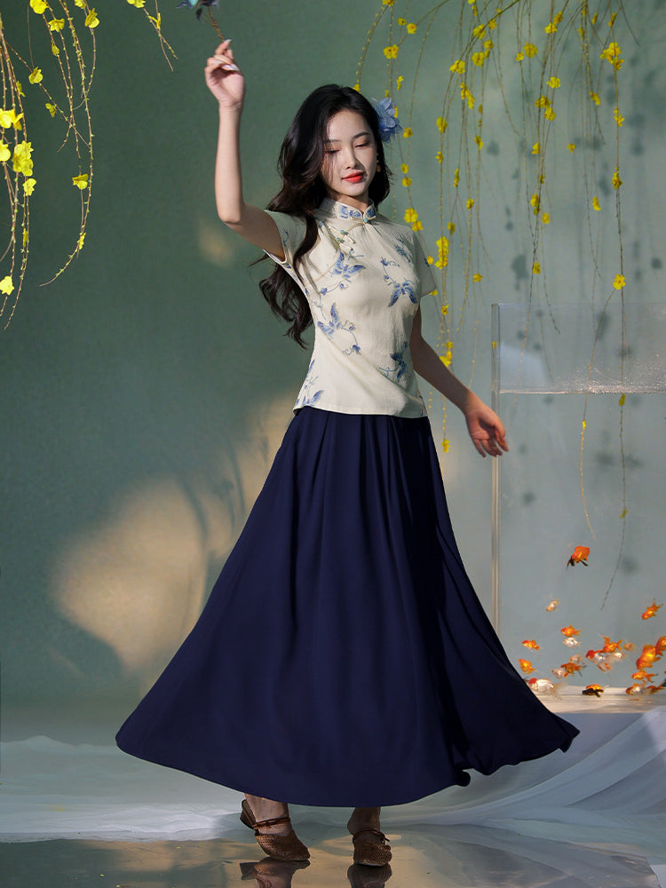 Apricot White Delicate Linen Two-Piece Set | Short Qipao Top(温言)