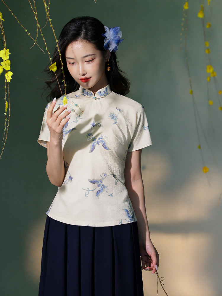Apricot White Delicate Linen Two-Piece Set | Short Qipao Top(温言)
