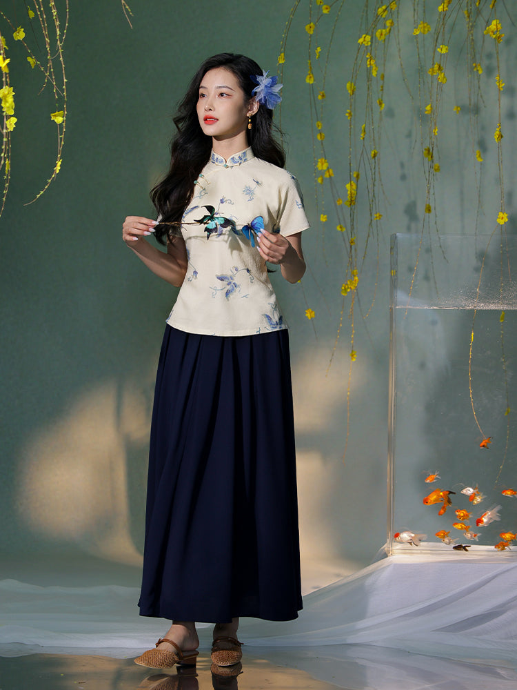 Apricot White Delicate Linen Two-Piece Set | Short Qipao Top(温言)