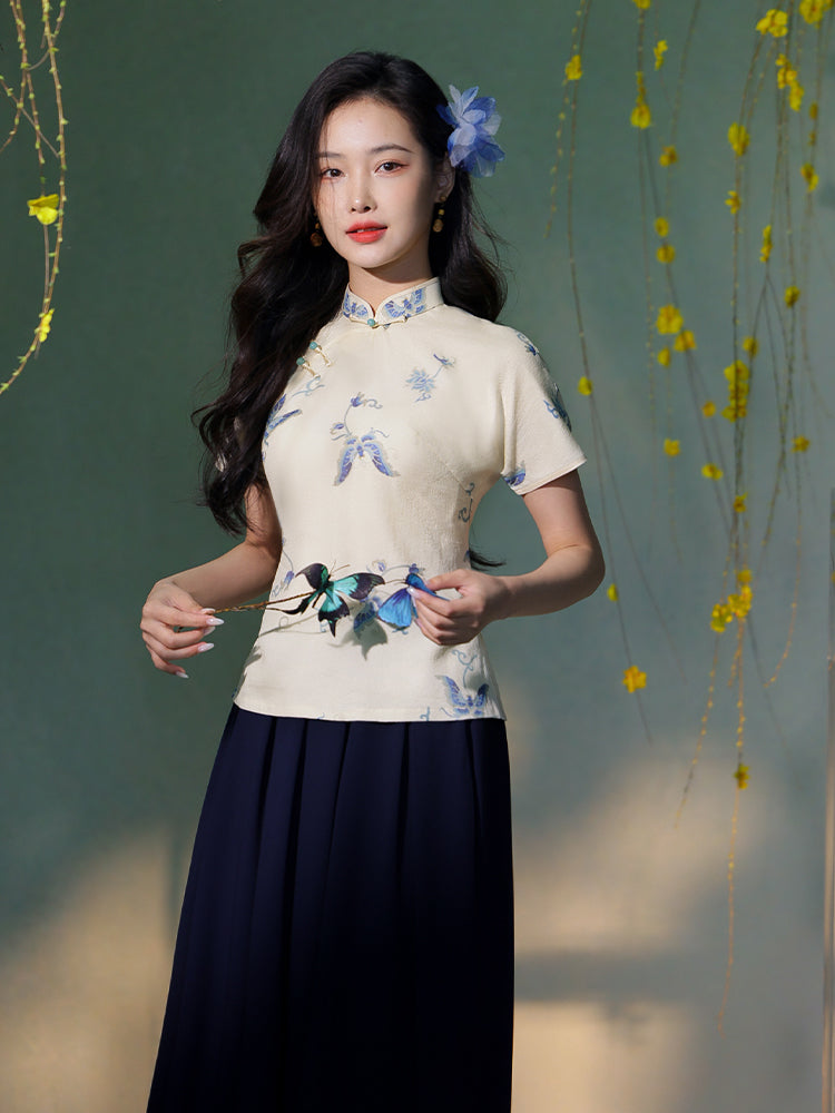 Apricot White Delicate Linen Two-Piece Set | Short Qipao Top(温言)