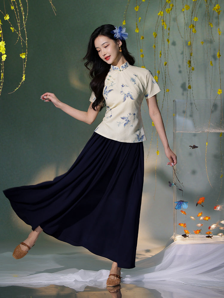 Apricot White Delicate Linen Two-Piece Set | Short Qipao Top(温言)