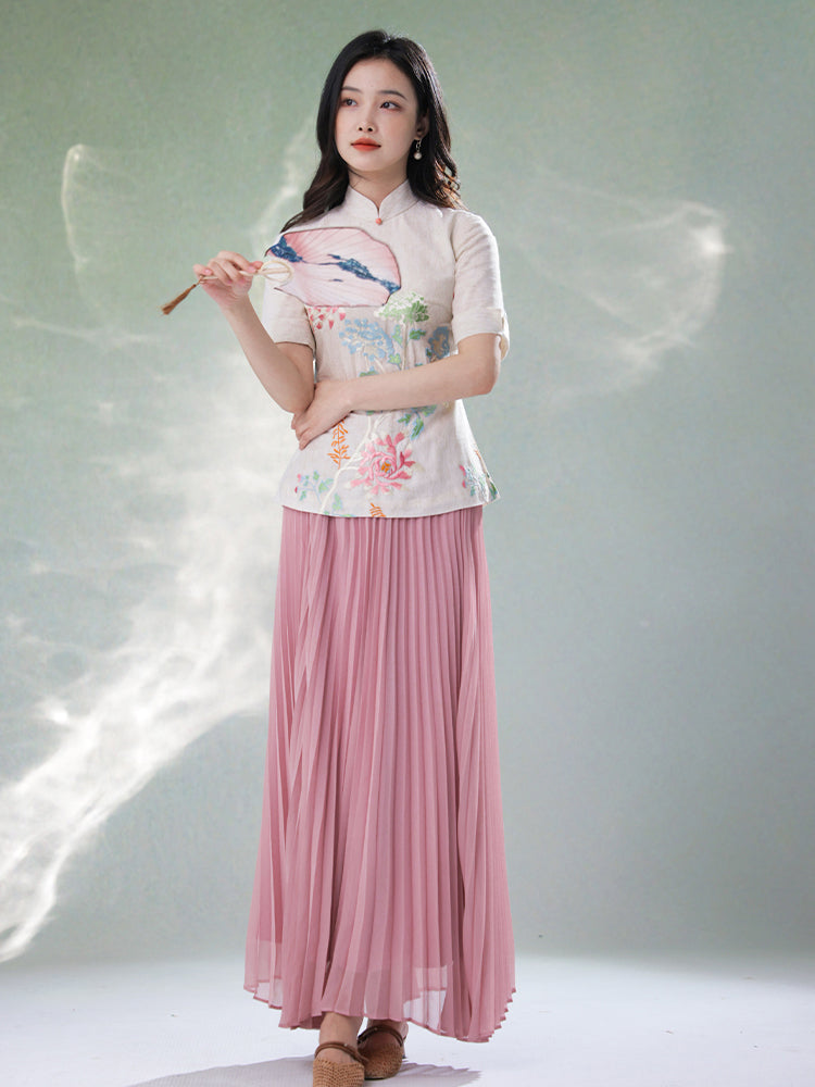 Beige Organic Cotton-Linen | Quarter-Sleeve Qipao Top (小荷间)