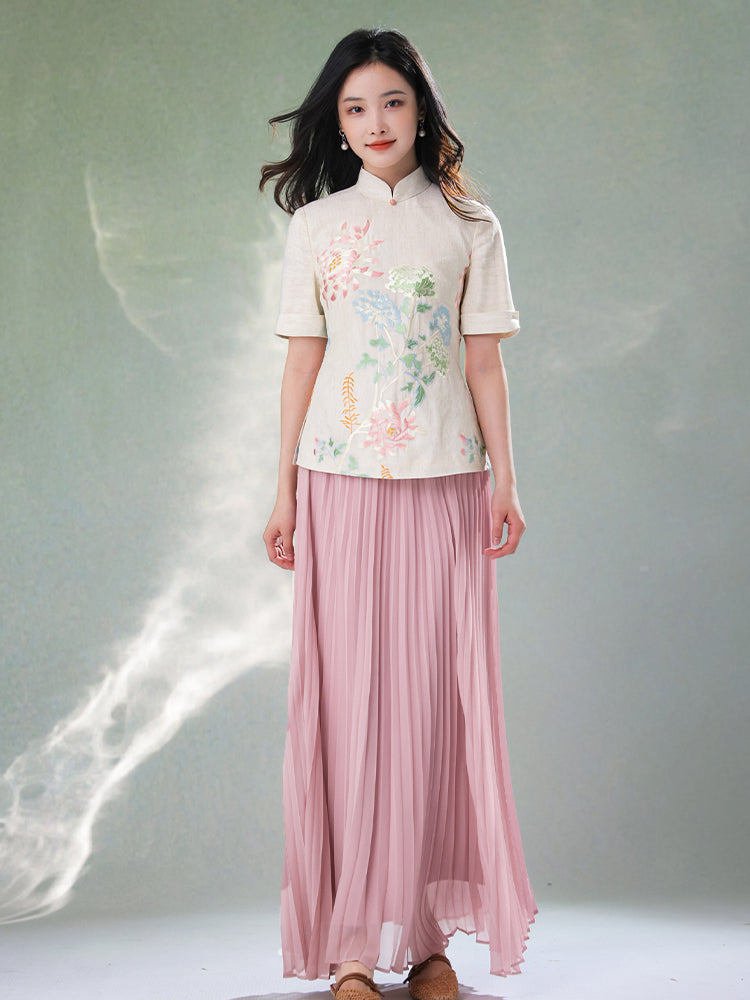 Beige Organic Cotton-Linen | Quarter-Sleeve Qipao Top (小荷间)