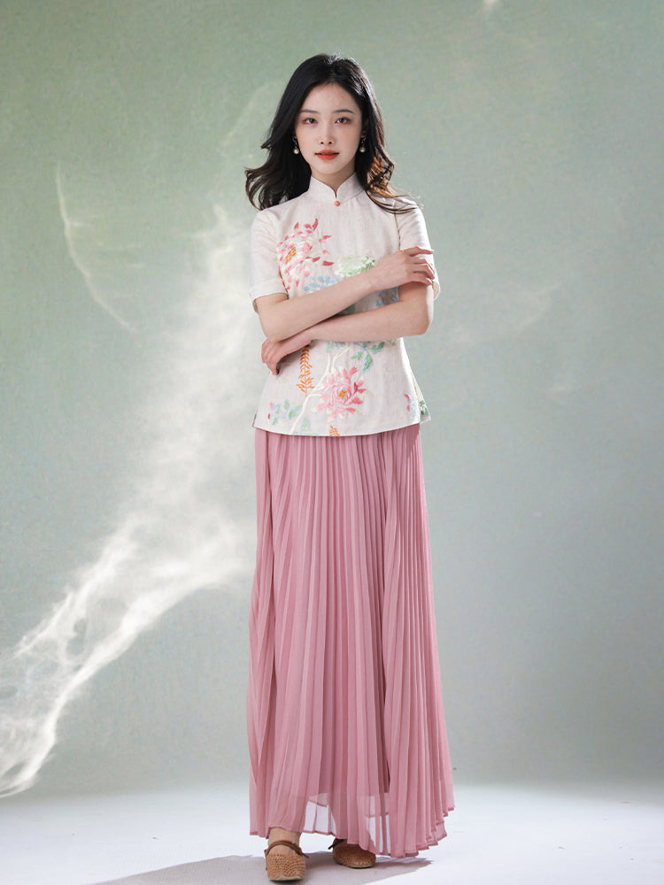Beige Organic Cotton-Linen | Quarter-Sleeve Qipao Top (小荷间)