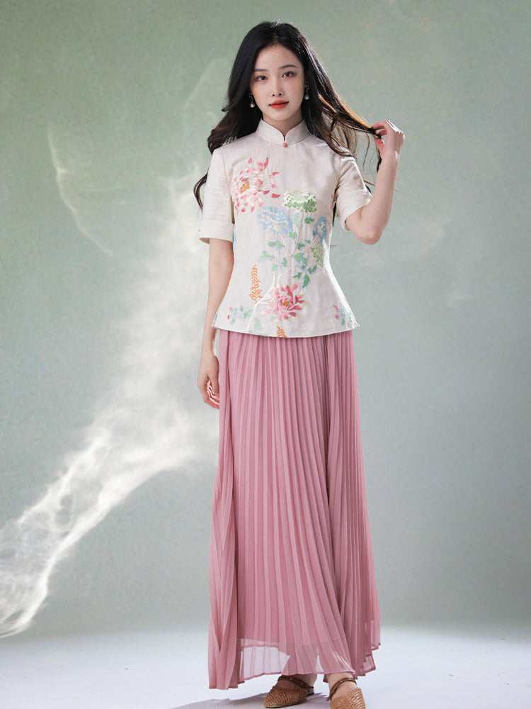 Beige Organic Cotton-Linen | Quarter-Sleeve Qipao Top (小荷间)