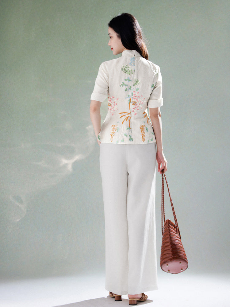 Beige Organic Cotton-Linen | Quarter-Sleeve Qipao Top (小荷间)