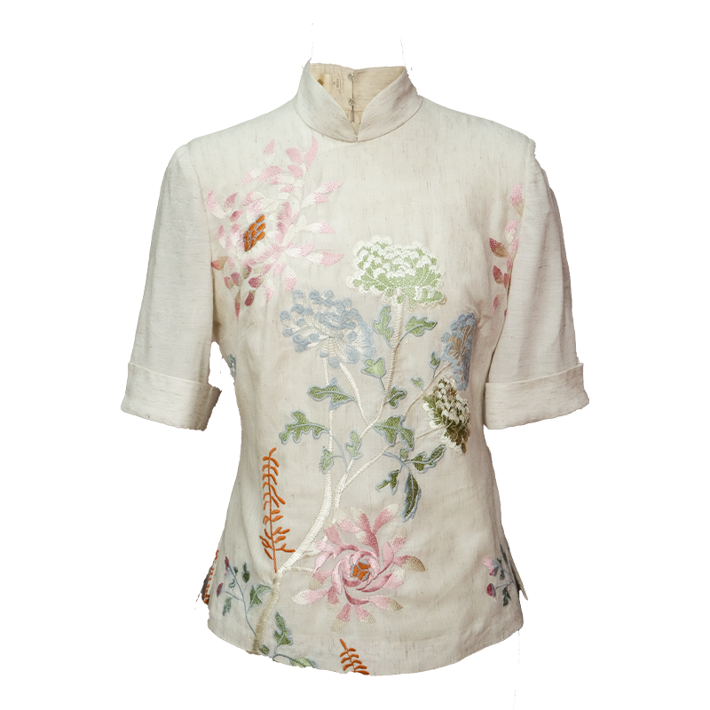 Beige Organic Cotton-Linen | Quarter-Sleeve Qipao Top (小荷间)