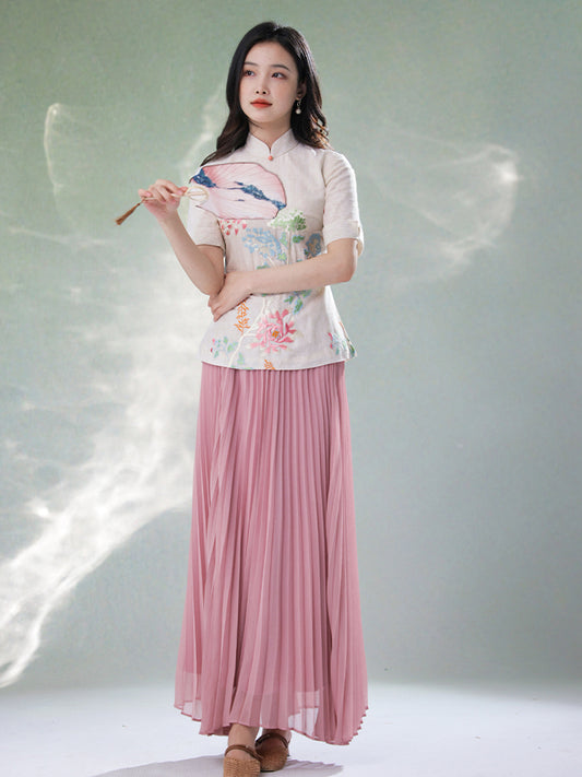 Beige Organic Cotton-Linen | Quarter-Sleeve Qipao Top (小荷间)