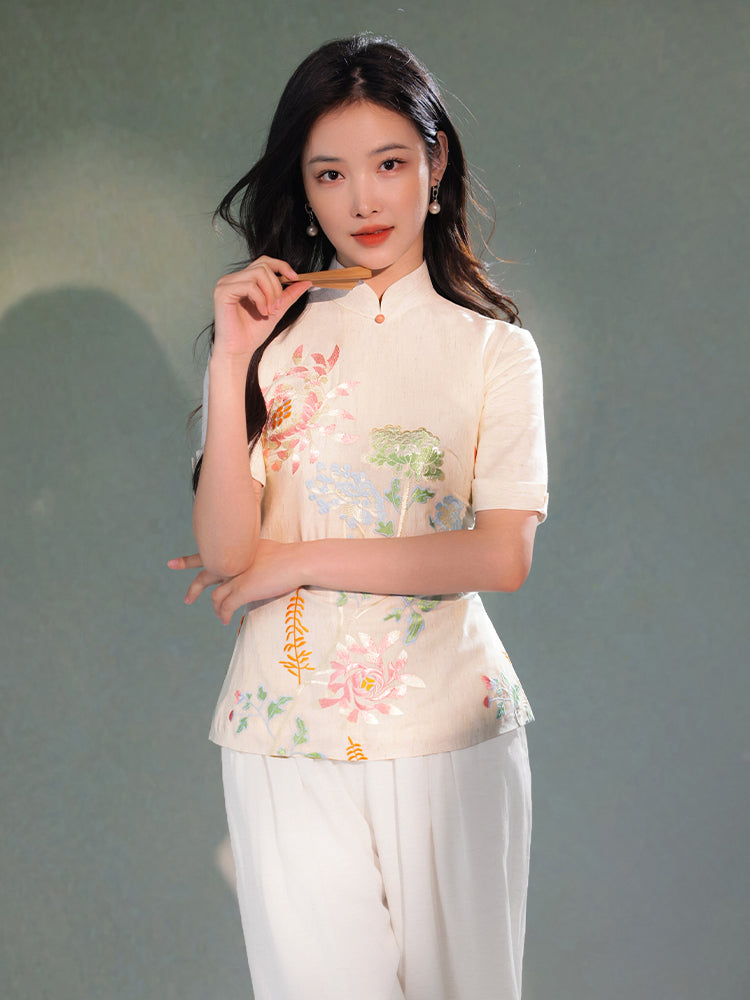 Beige Organic Cotton-Linen | Quarter-Sleeve Qipao Top (小荷间)