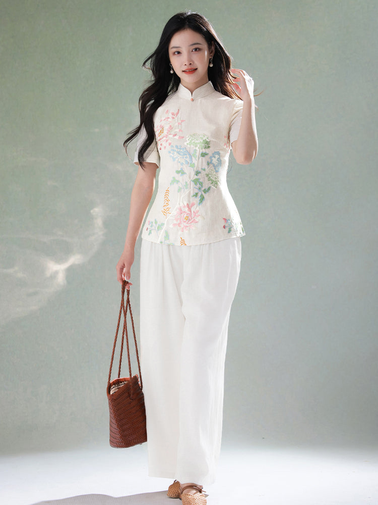 Beige Organic Cotton-Linen | Quarter-Sleeve Qipao Top (小荷间)
