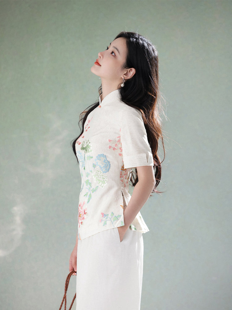 Beige Organic Cotton-Linen | Quarter-Sleeve Qipao Top (小荷间)