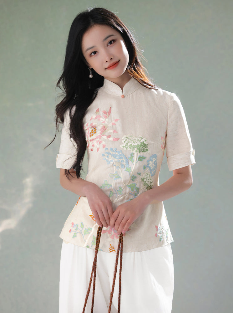 Beige Organic Cotton-Linen | Quarter-Sleeve Qipao Top (小荷间)