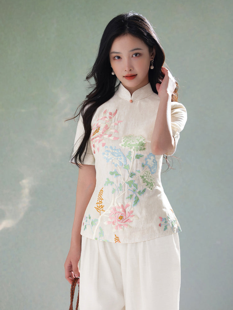 Beige Organic Cotton-Linen | Quarter-Sleeve Qipao Top (小荷间)
