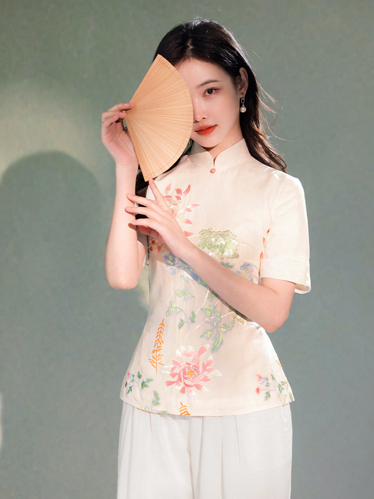 Beige Organic Cotton-Linen | Quarter-Sleeve Qipao Top (小荷间)