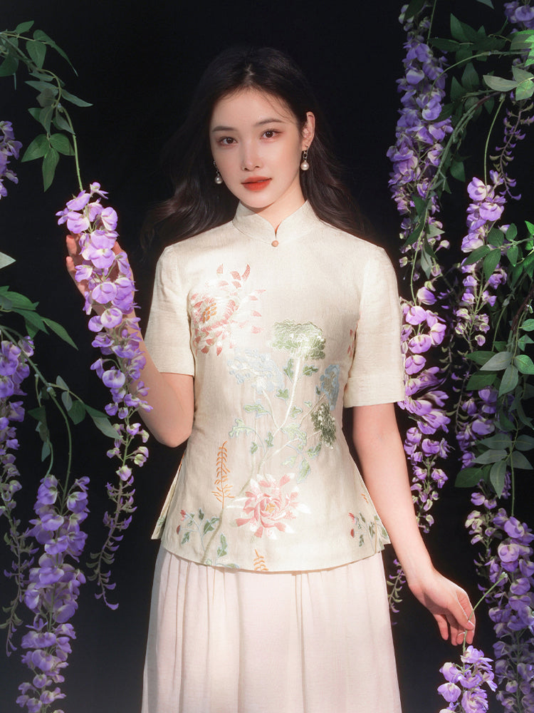 Beige Organic Cotton-Linen | Quarter-Sleeve Qipao Top (小荷间)