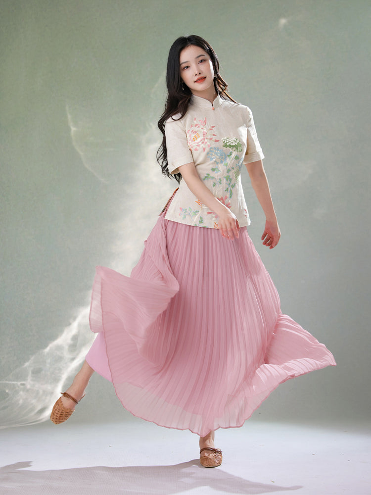 Beige Organic Cotton-Linen | Quarter-Sleeve Qipao Top (小荷间)