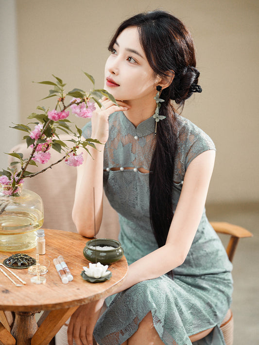 Celestial Aurora Blue Premium Lace | Modern one-Pieces Qipao Dress (雅瓷)