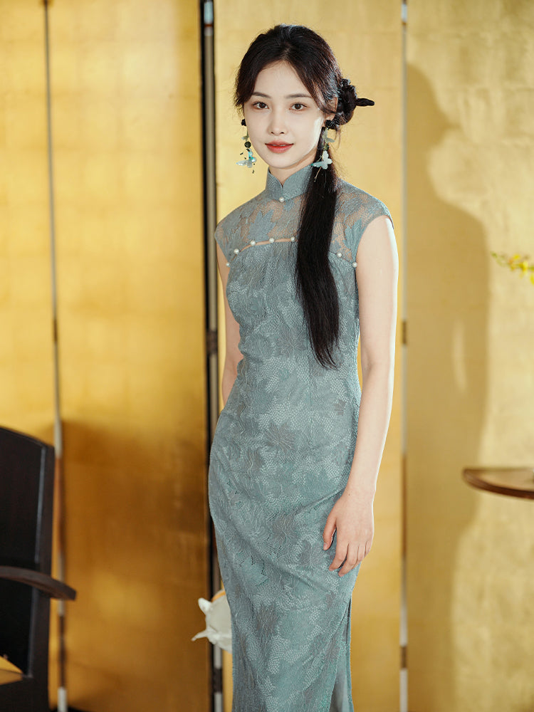 Celestial Aurora Blue Premium Lace | Modern one-Pieces Qipao Dress (雅瓷)