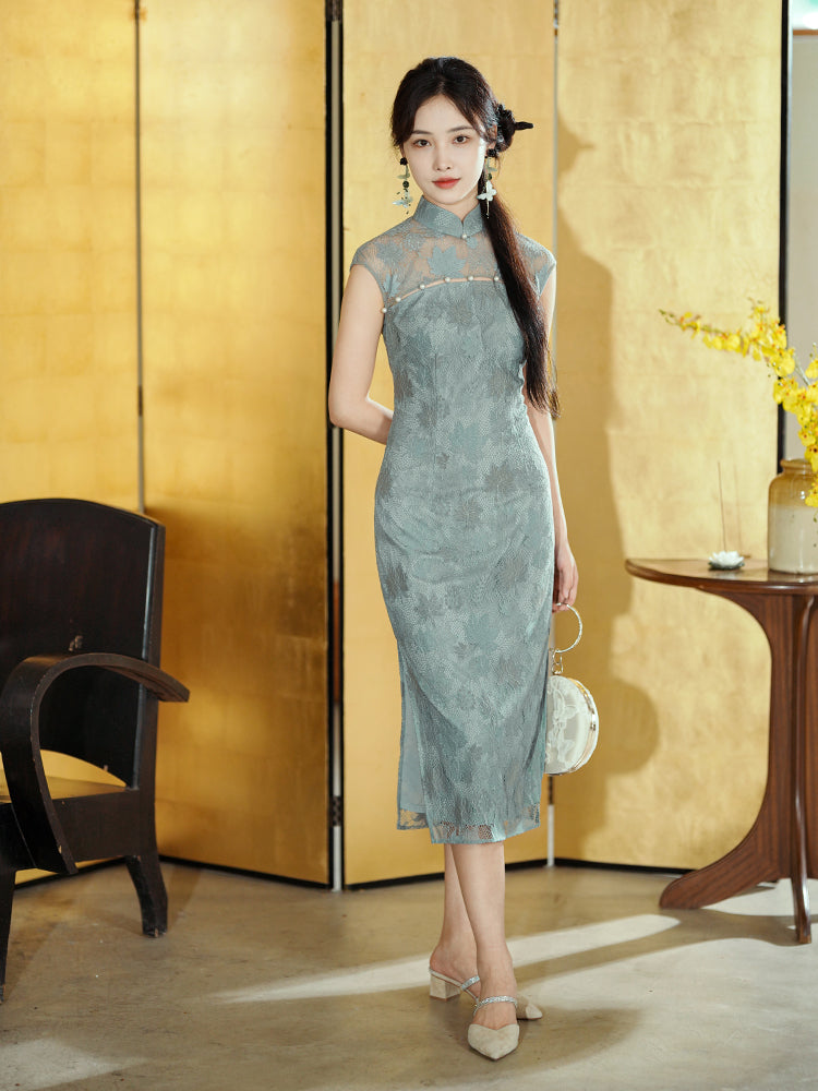 Celestial Aurora Blue Premium Lace | Modern one-Pieces Qipao Dress (雅瓷)
