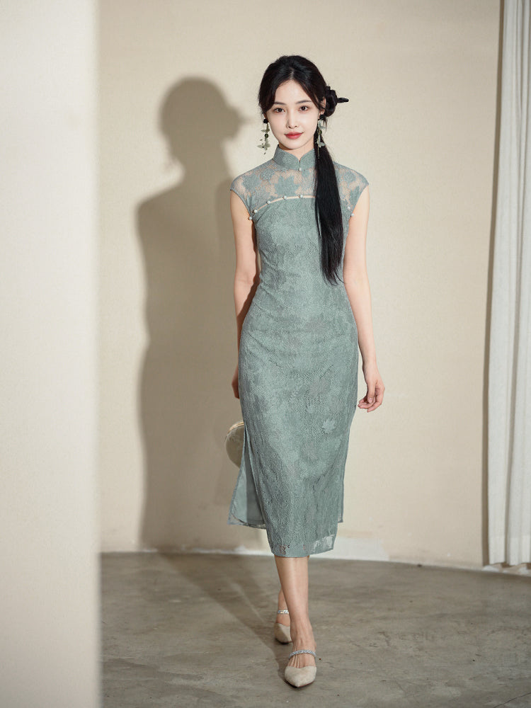 Celestial Aurora Blue Premium Lace | Modern one-Pieces Qipao Dress (雅瓷)
