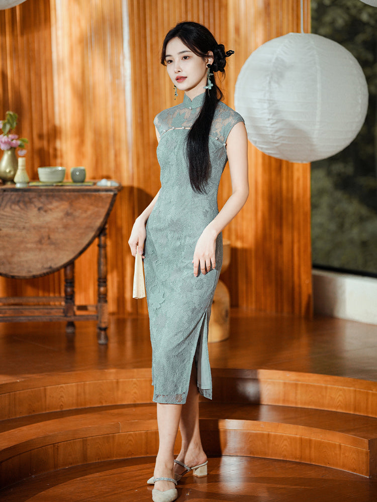 Celestial Aurora Blue Premium Lace | Modern one-Pieces Qipao Dress (雅瓷)