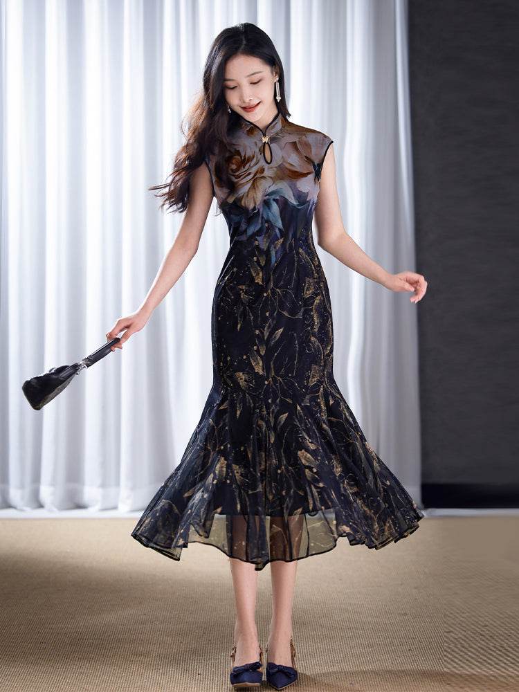 Rose print pattern|Gold-thread embroidered mermaid skirt(亦玫) - E·Beauty