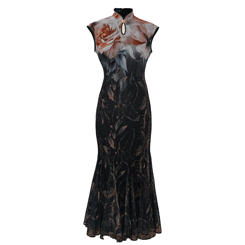 Rose print pattern|Gold-thread embroidered mermaid skirt(亦玫) - E·Beauty