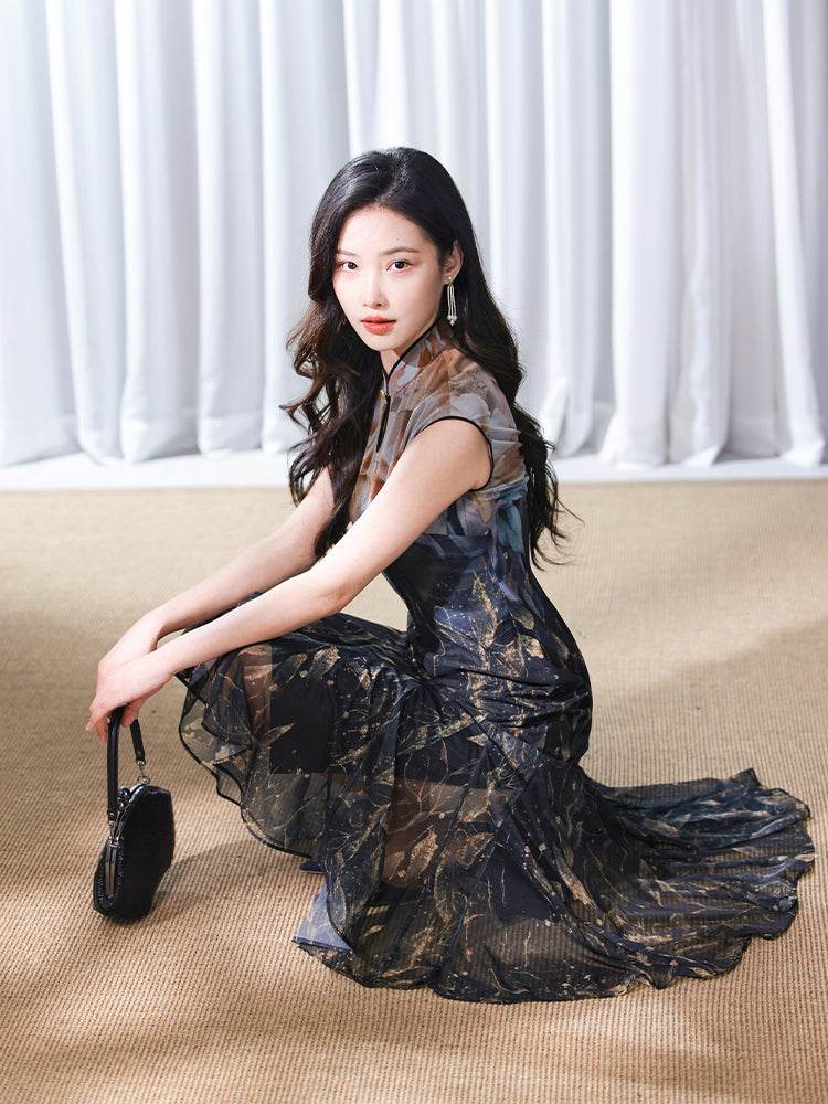 Rose print pattern|Gold-thread embroidered mermaid skirt(亦玫) - E·Beauty