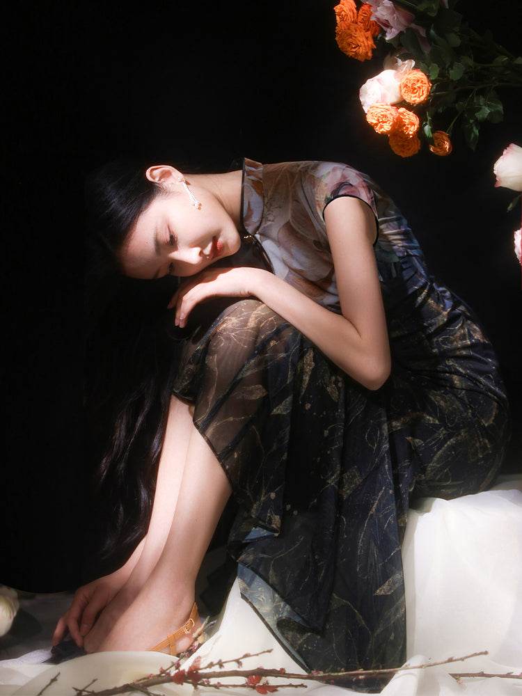 Rose print pattern|Gold-thread embroidered mermaid skirt(亦玫) - E·Beauty